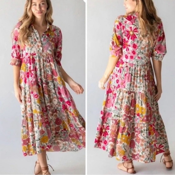 Natural Life Rebecca Midi Dress Vintage Floral Psychedelic Poppy Buttons NWT S - Picture 2 of 12